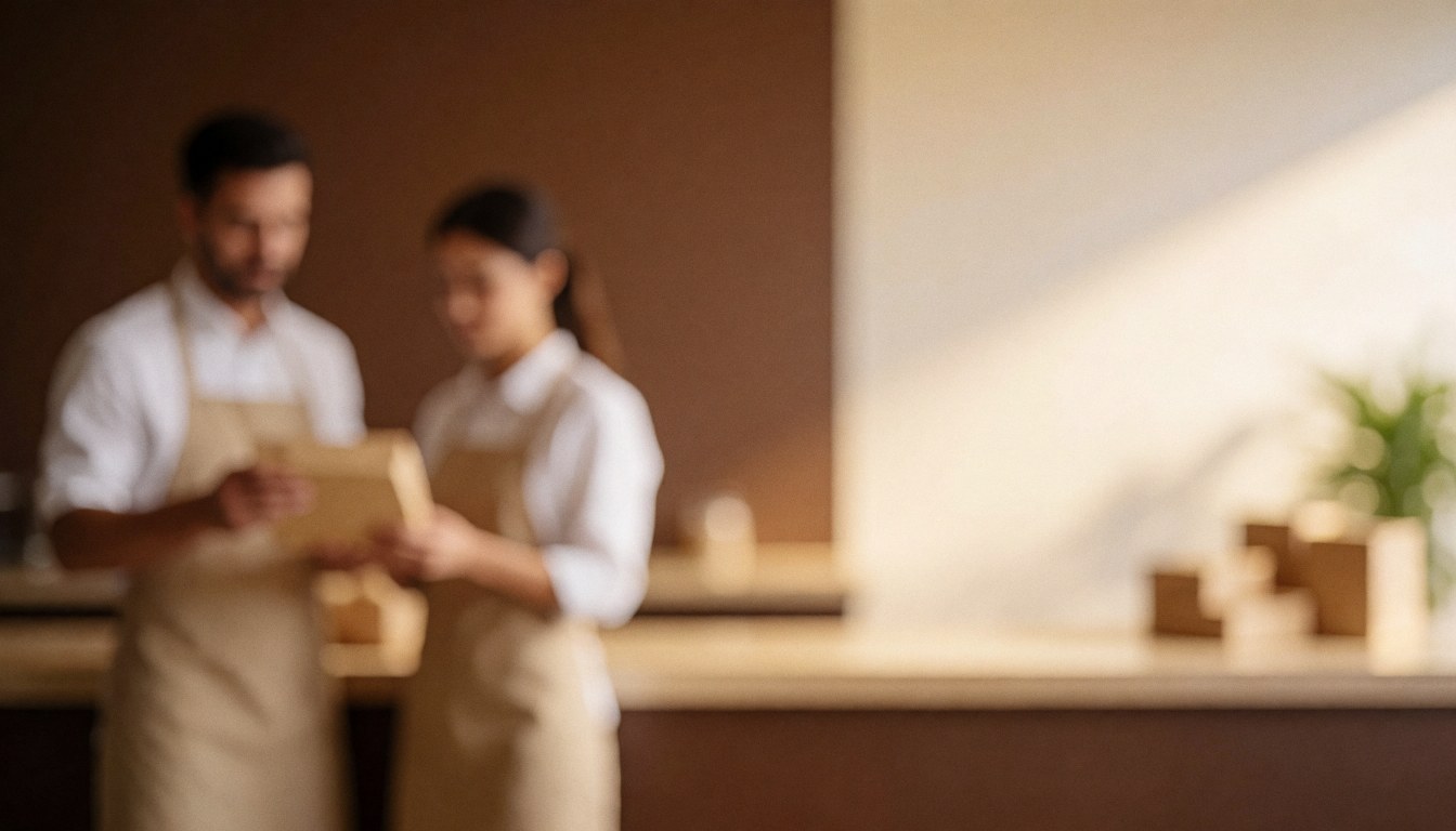 A warm, softly blurred background image suitable for text overlay, featuring the interior of a small grocery store or minimarket with visible checkout counters and shelves.