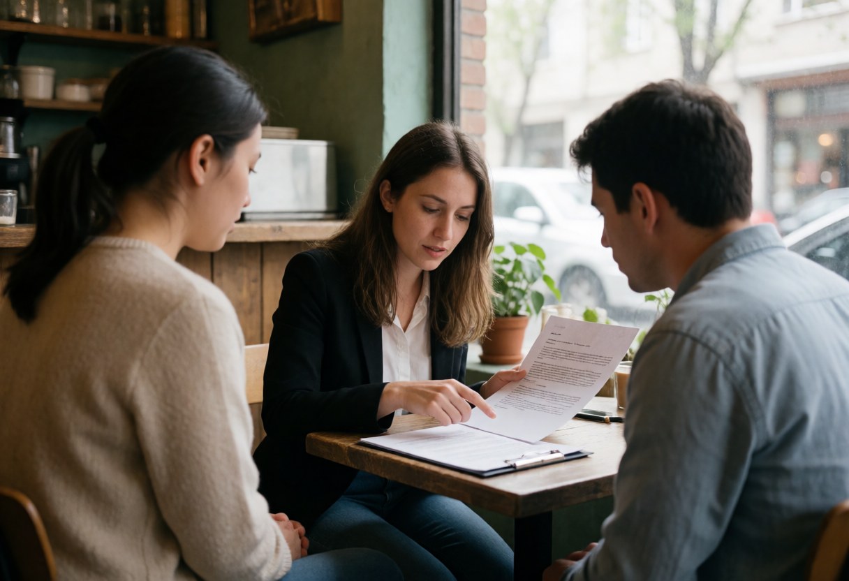 A professional consultant sits at a wooden table with a client, reviewing and explaining the details of a work contract document during a business meeting.