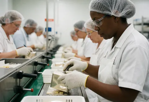 Workers in a food factory packaging products on a production line, wearing gloves and safety glasses, with protective equipment and a conveyor belt.