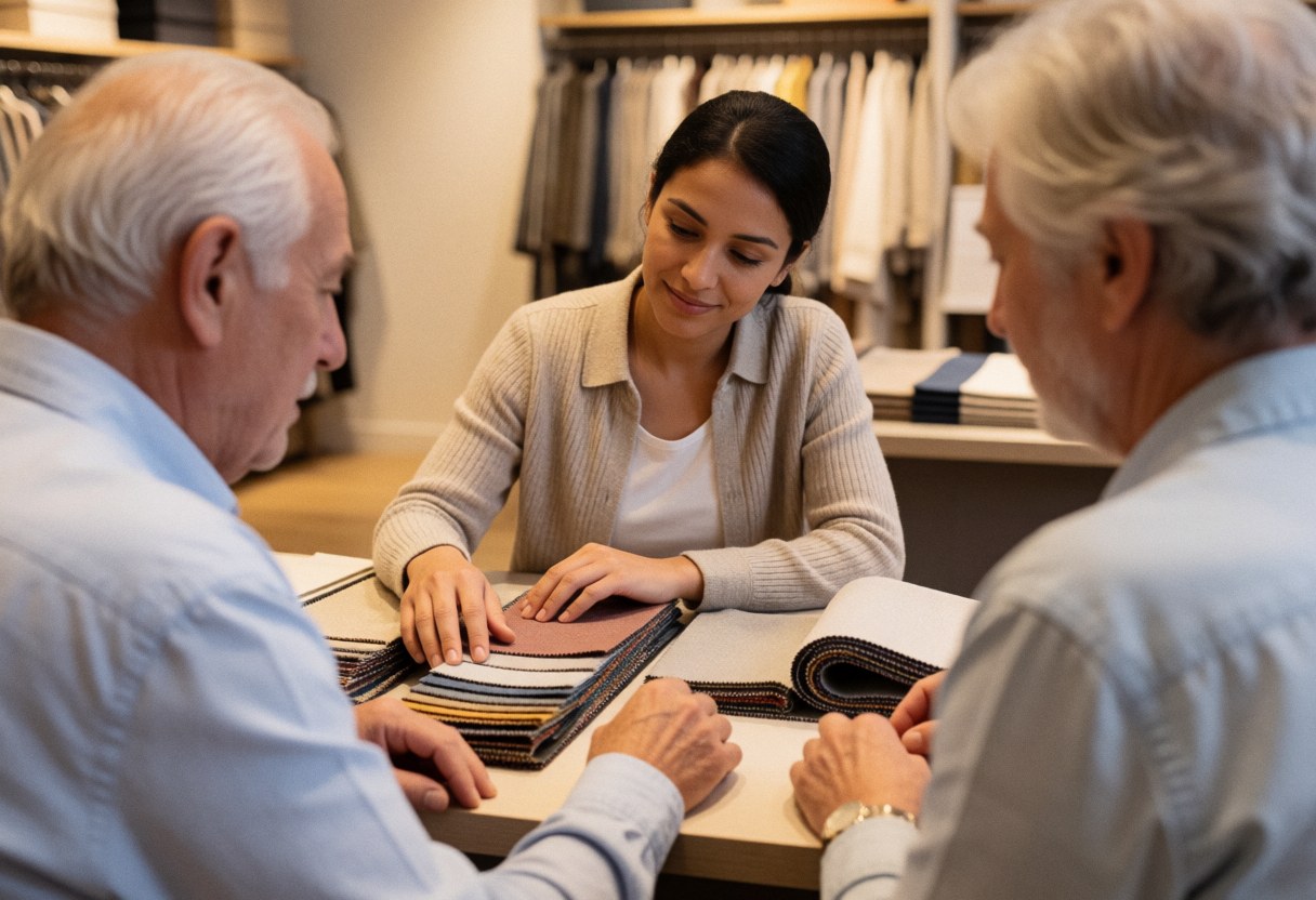 A saleswoman displays fabric swatches to two seated customers at a table in a professional furniture showroom setting.