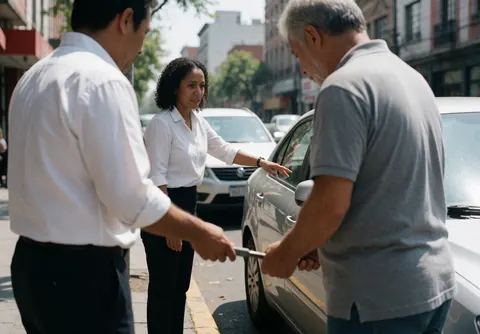 A female driving instructor guides a client on how to park a car on a city street while two men watch the demonstration nearby.