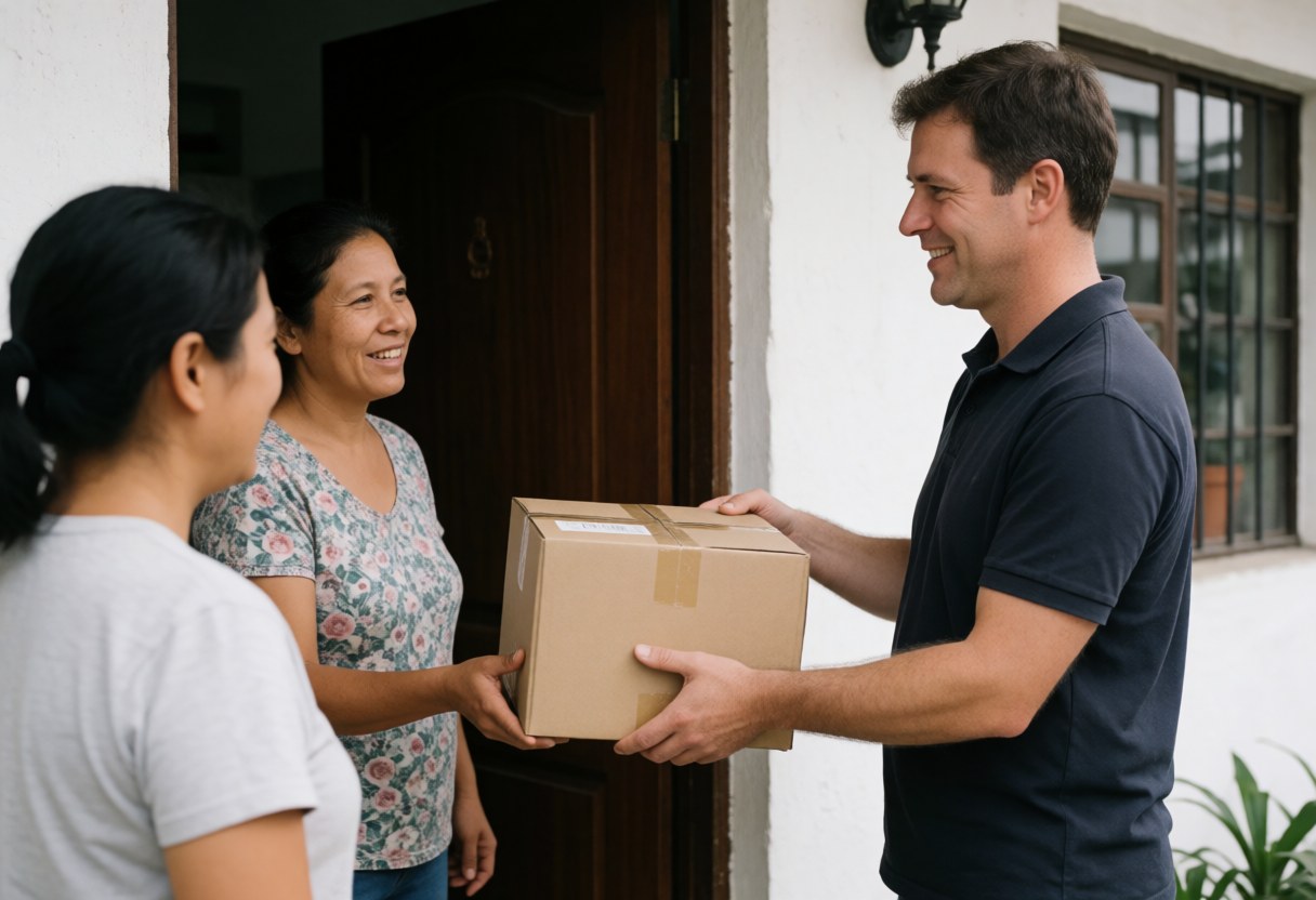 A courier hands a package to a smiling woman at her front door while another woman stands nearby in a realistic outdoor scene.