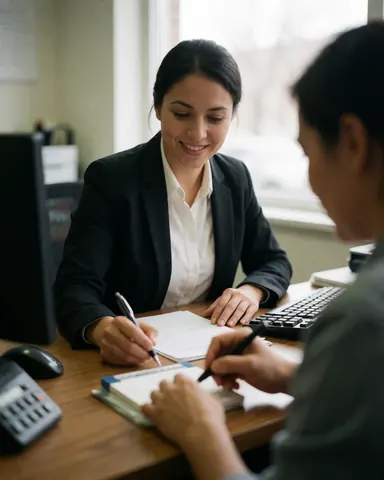 Receptionist at desk with computer and notebook, smiling while signing a document with natural light from window