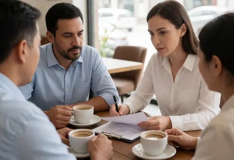Professional advisor and client reviewing documents together at a wooden table in a cafe setting with coffee cups