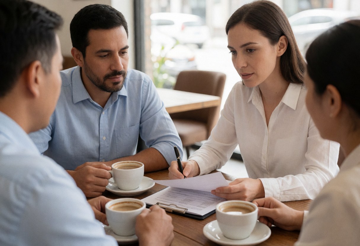 Professional advisor and client reviewing documents together at a wooden table in a cafe setting with coffee cups
