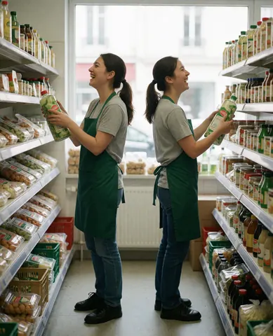 Two smiling female employees in casual uniforms standing next to stocked shelves in a grocery store aisle, looking at the camera with natural lighting.