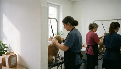 Three professional dog groomers working with dogs in a bright salon with natural light and space for text on the left wall