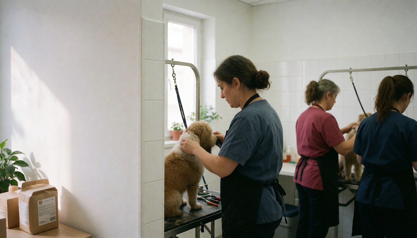 Three professional dog groomers working with dogs in a bright salon with natural light and space for text on the left wall
