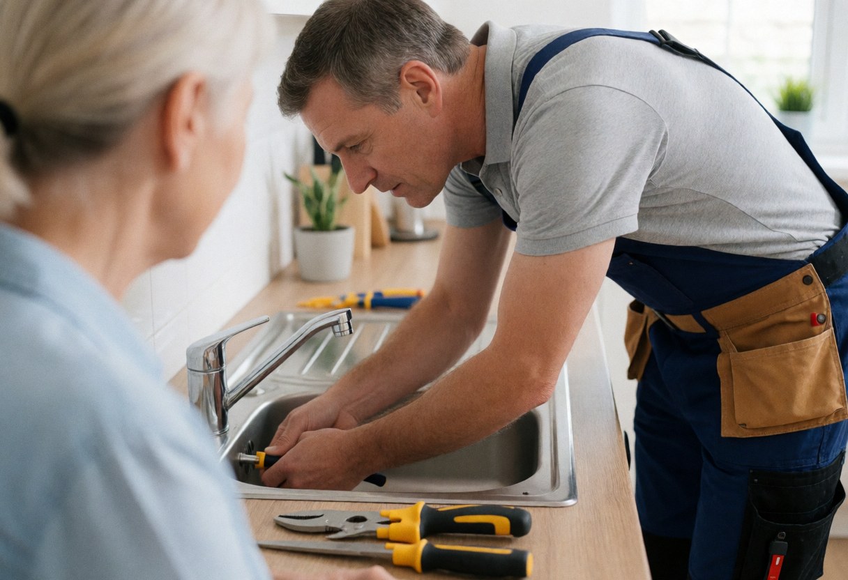 Plumber fixing a kitchen sink while a client watches in the background, showing professional service in action with visible tools and equipment.