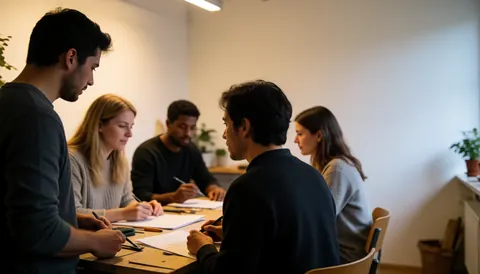 Professionals seated around a wooden table in a bright modern room, reviewing documents and taking notes with warm lighting and copy space on the right
