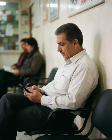 A smiling man sitting on a chair while waiting for his insurance appointment in a bright office space