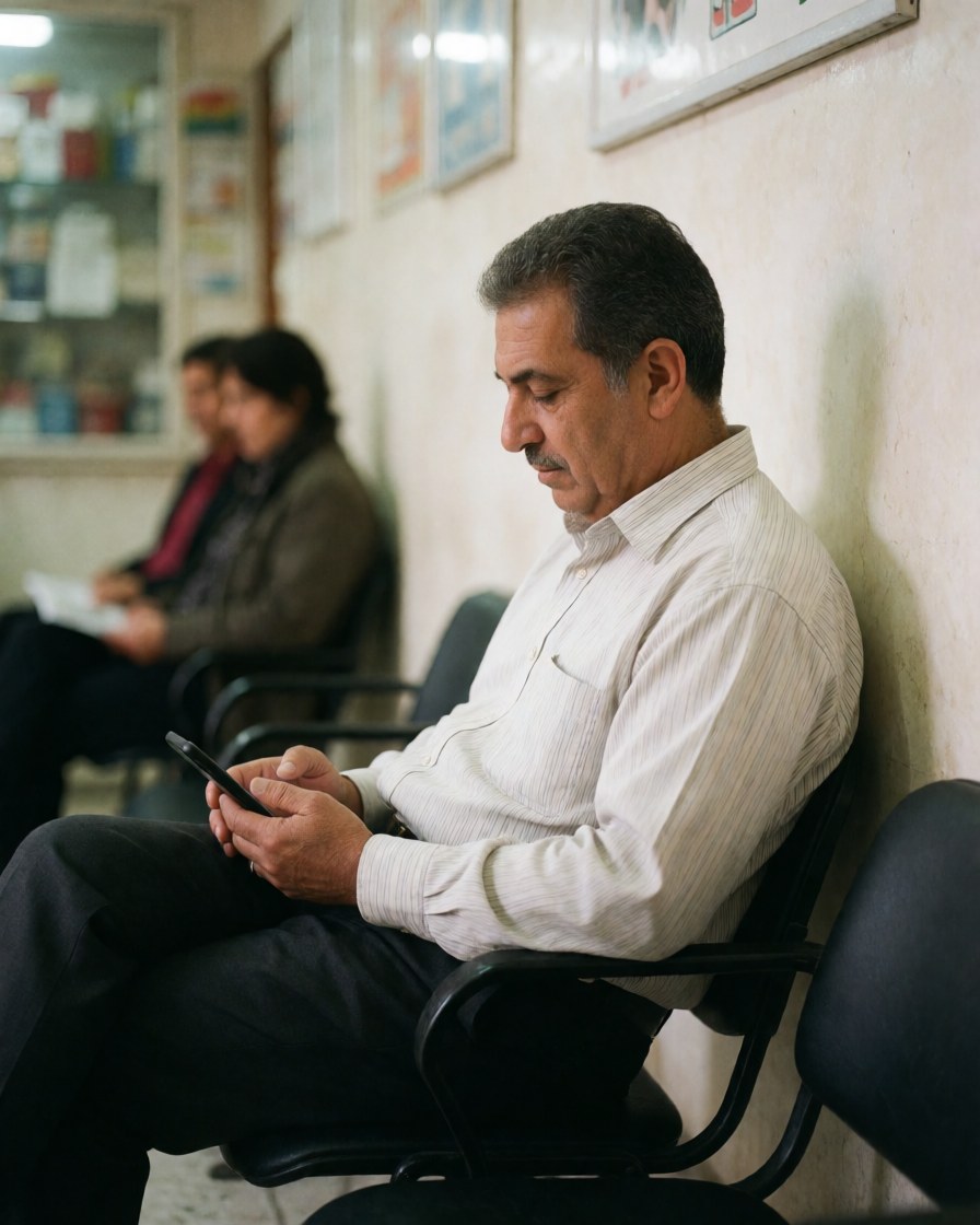 A smiling man sitting on a chair while waiting for his insurance appointment in a bright office space