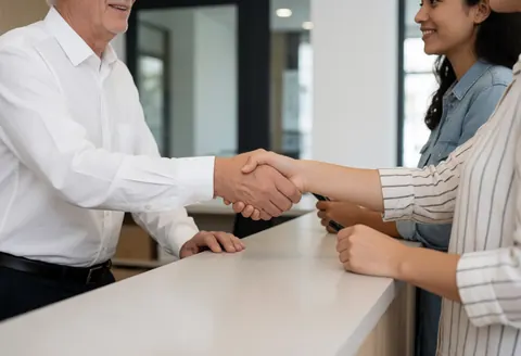 Two professionals shaking hands at a white reception desk in a modern office, symbolizing a successful business agreement and client service