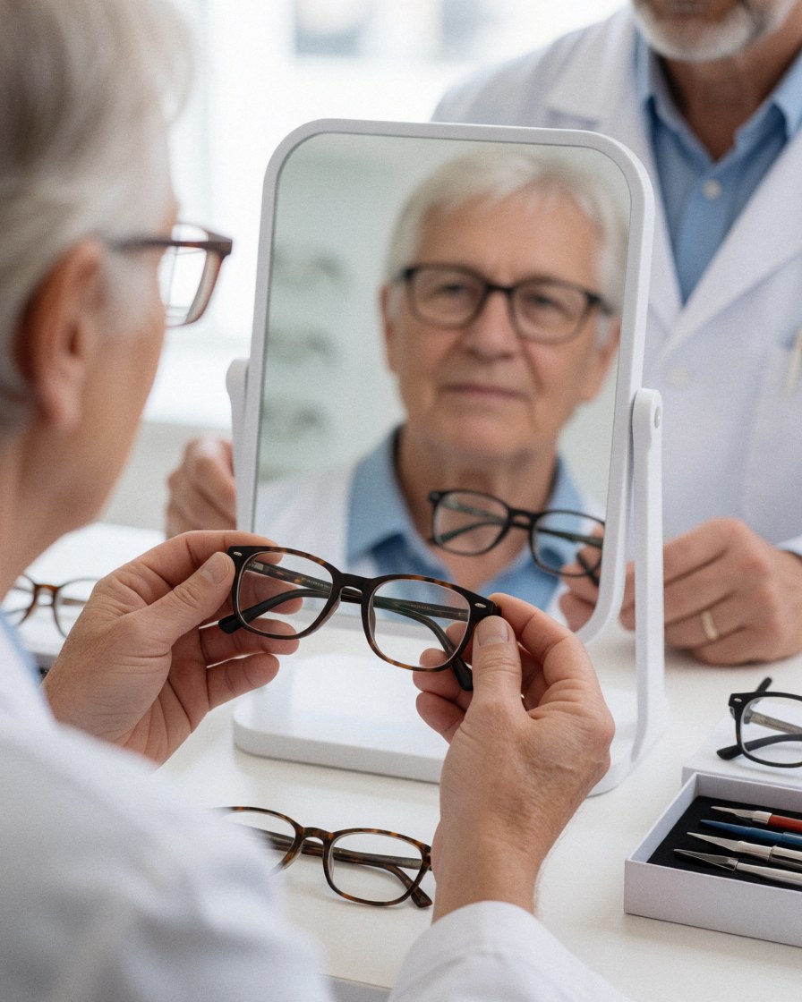A happy customer stands in front of a mirror trying on different eyeglass frames at an optical store
