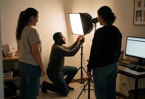 A photographer adjusts a studio light while two women observe in a professional office setting with visible computer equipment.