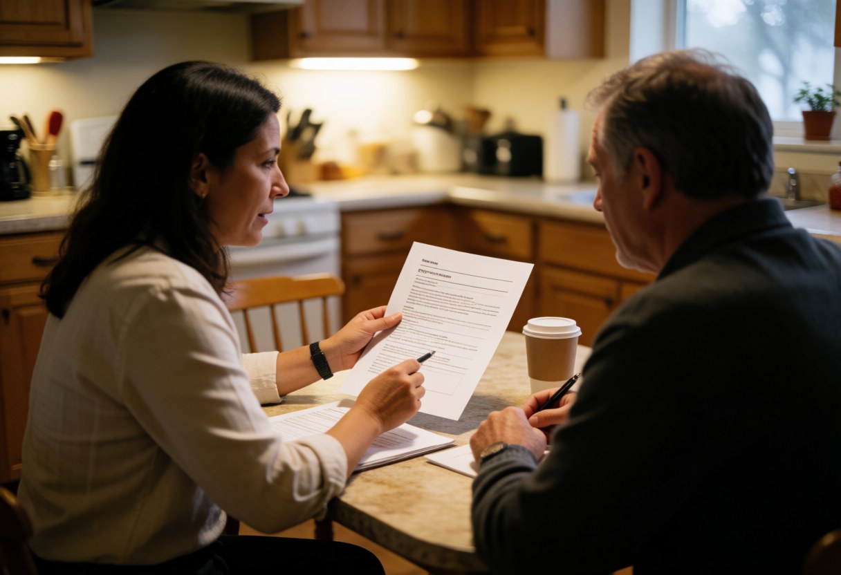 Professional insurance agent sits at a kitchen table with a client, reviewing a document while both have coffee and a pen nearby.