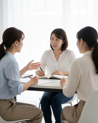Three women working together at a white table in a bright studio, with one writing in a notebook while the others converse and gesture during a professional discussion.