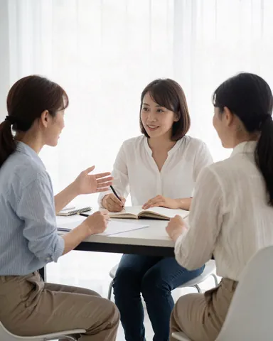 Three women working together at a white table in a bright studio, with one writing in a notebook while the others converse and gesture during a professional discussion.