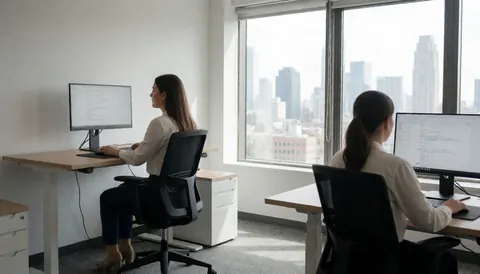 Two analysts working on computers in a modern office with a city view, morning light, professional and minimalist atmosphere
