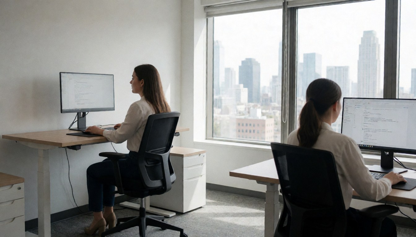 Two analysts working on computers in a modern office with a city view, morning light, professional and minimalist atmosphere