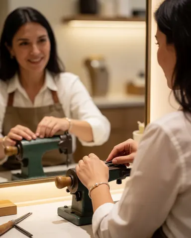 A jeweler works on a bracelet using tools while looking at their reflection in a mirror within a warmly lit jewelry workshop.