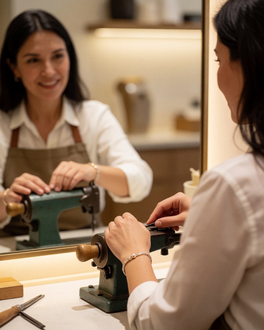 A jeweler works on a bracelet using tools while looking at their reflection in a mirror within a warmly lit jewelry workshop.