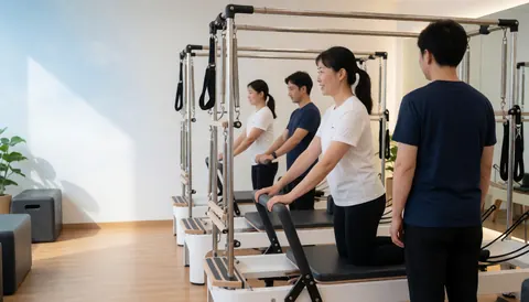 People doing pilates on reformers in a bright studio with white walls and natural light