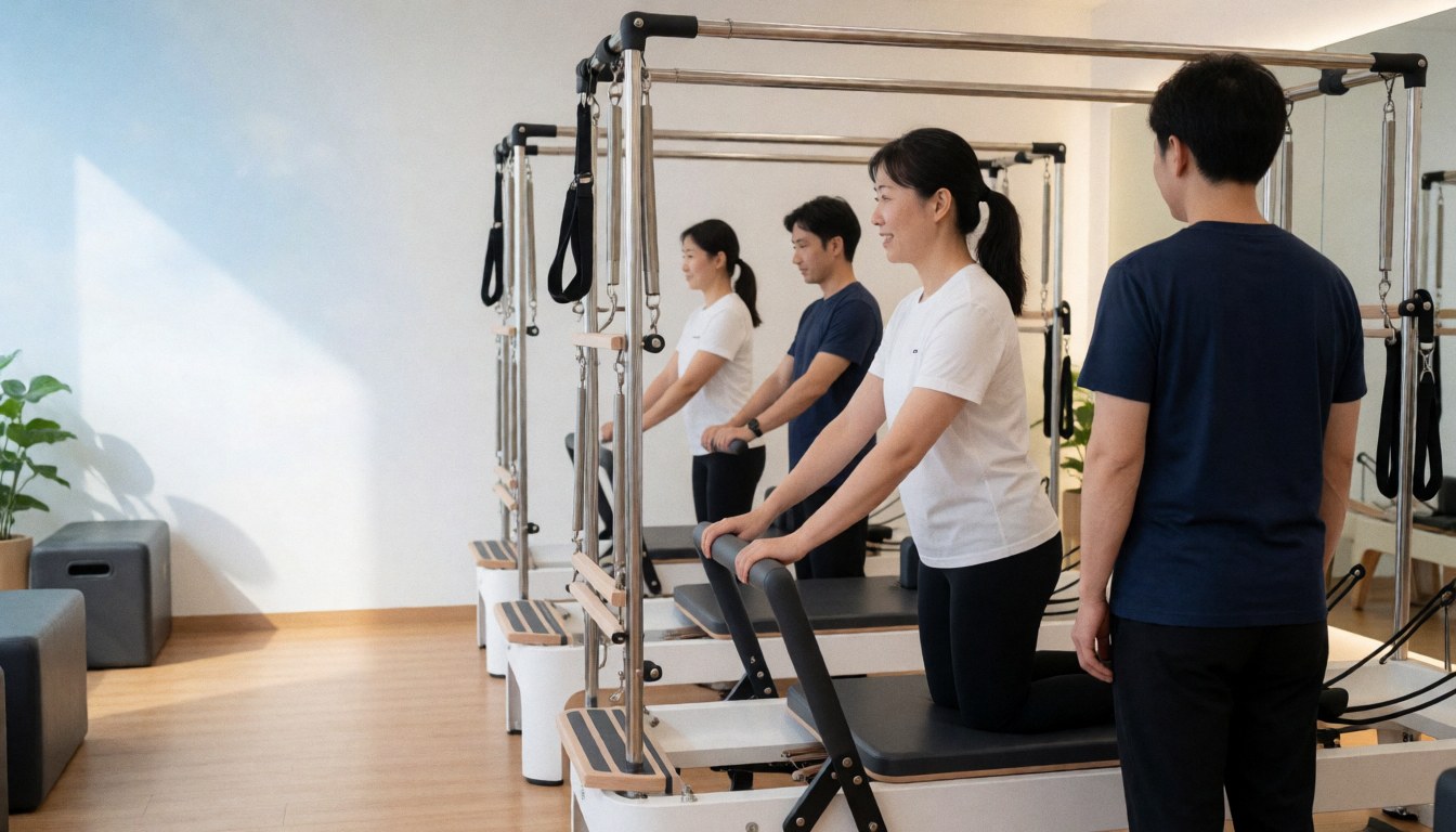 People doing pilates on reformers in a bright studio with white walls and natural light