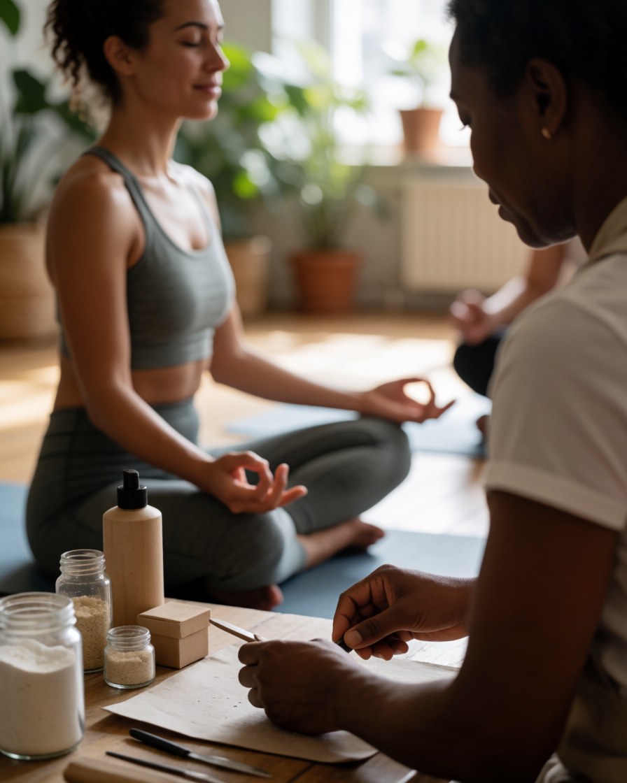 A woman sits in lotus position meditating on a mat while a therapist takes notes nearby, surrounded by plants and natural light.