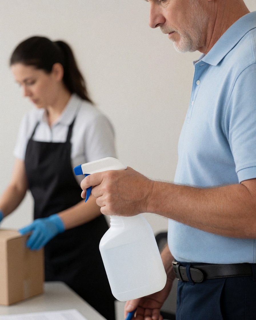 A professional cleaning technician wearing gloves and using a spray bottle to clean a desk in a modern office environment