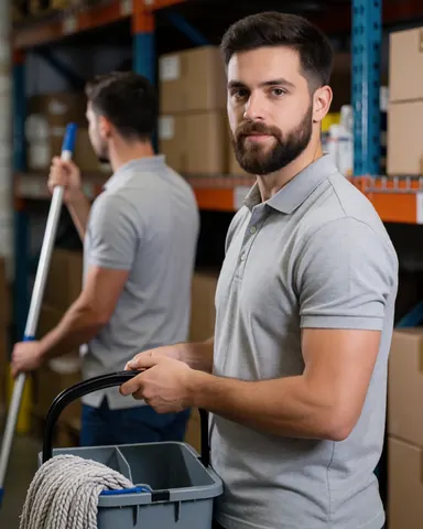 A cleaner stands in a warehouse with industrial shelving in the background, holding a mop bucket while working in a professional environment.