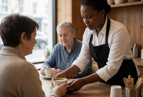 A barista serves a cup of green coffee to a customer in a wooden cafe, showing service in action and attentive care.