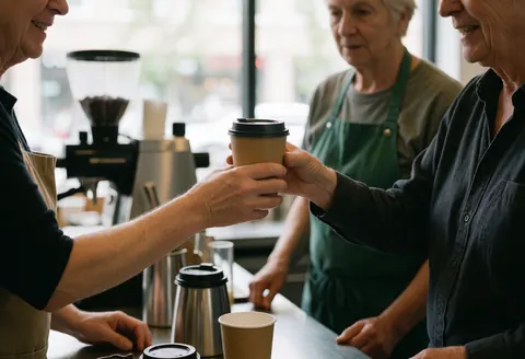 A smiling barista hands a cup of coffee to a customer in a warm and friendly modern cafe setting.