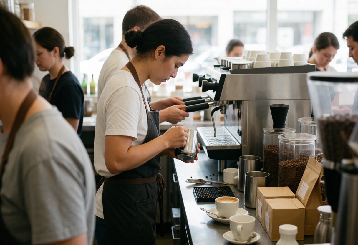 Barista preparing a latte using a professional coffee machine, with coffee beans and cups ready in a clean modern setting