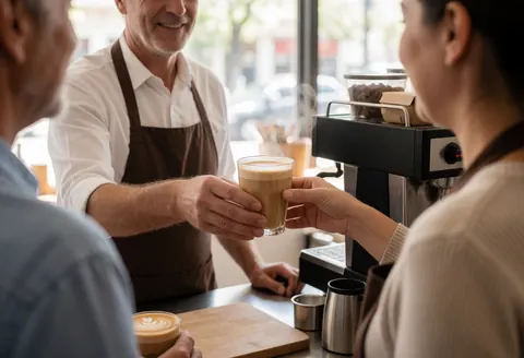 A barista pours hot coffee for a customer in a cozy cafe, with visible steam and coffee machine in the background.