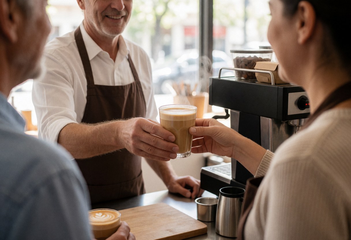 A barista pours hot coffee for a customer in a cozy cafe, with visible steam and coffee machine in the background.
