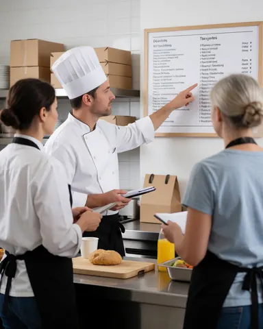 Chef points to a menu board while two employees review information on a tablet and smartphone in a professional kitchen setting.