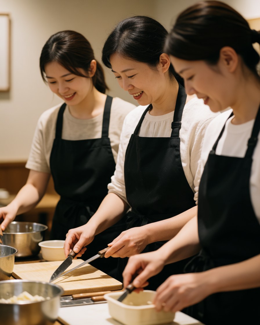 Three smiling female chefs wearing black aprons and white t-shirts chopping vegetables on cutting boards in a warmly lit kitchen.