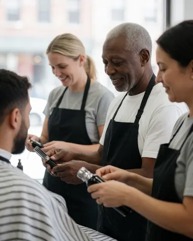 Three barbers working in a salon, one cutting hair while others prepare tools, all with friendly expressions in a professional environment