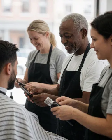 Three barbers working in a salon, one cutting hair while others prepare tools, all with friendly expressions in a professional environment
