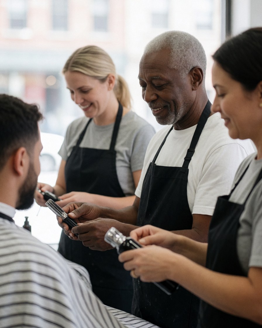 Three barbers working in a salon, one cutting hair while others prepare tools, all with friendly expressions in a professional environment