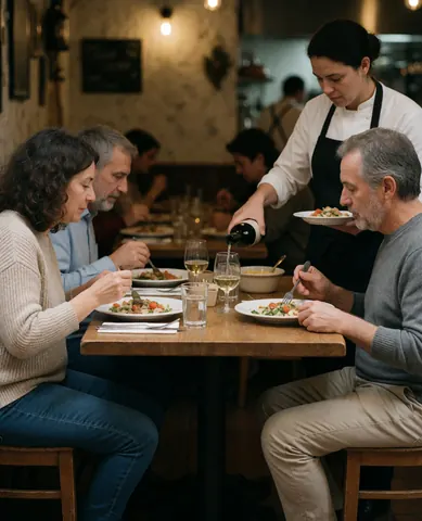 A couple of happy customers enjoying a dinner at a restaurant with a waiter serving wine at a wooden table