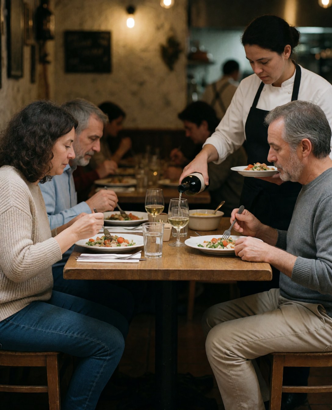 A couple of happy customers enjoying a dinner at a restaurant with a waiter serving wine at a wooden table