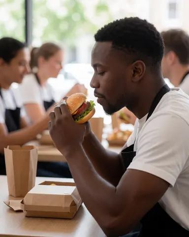 A satisfied man eats a hamburger and fries at a table in a bright, relaxed fast food restaurant with blurred patrons in the background.
