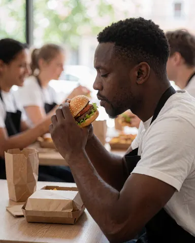 A satisfied man eats a hamburger and fries at a table in a bright, relaxed fast food restaurant with blurred patrons in the background.
