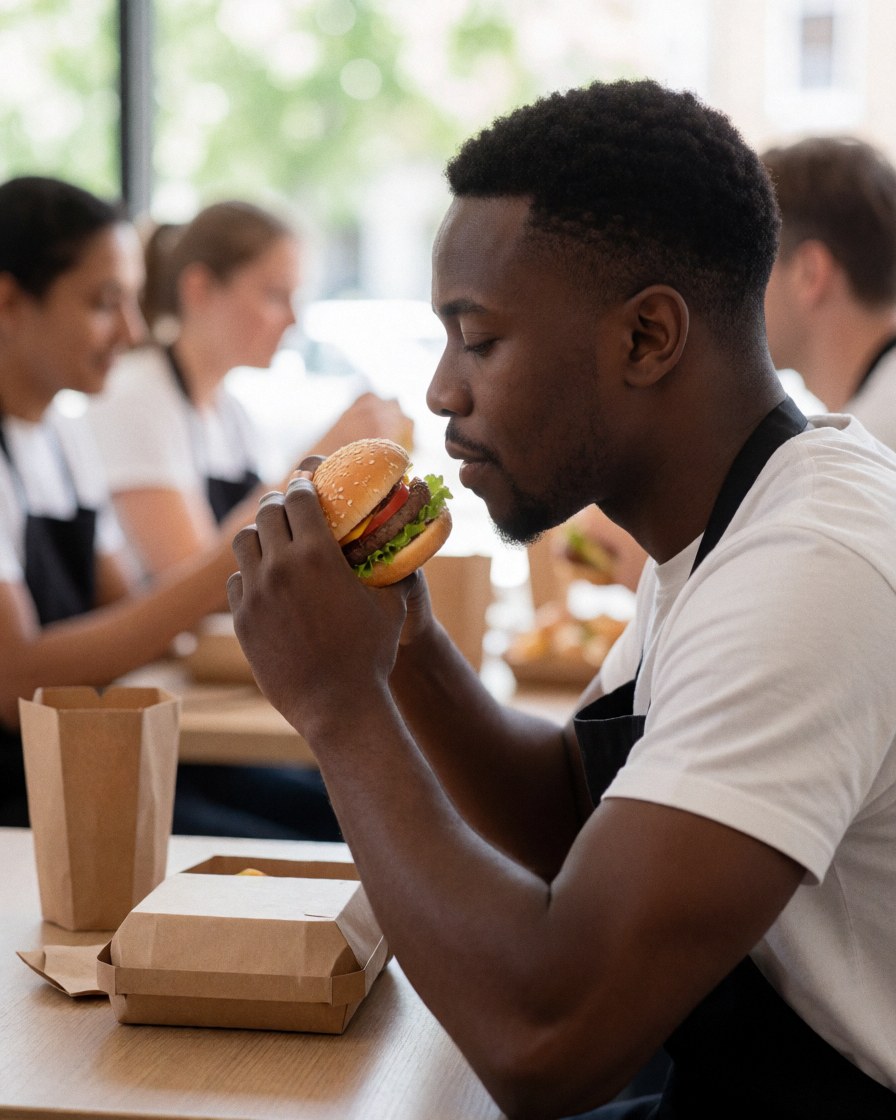 A satisfied man eats a hamburger and fries at a table in a bright, relaxed fast food restaurant with blurred patrons in the background.
