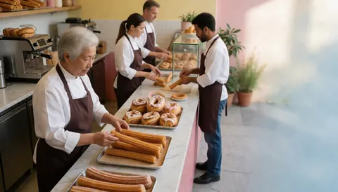 Aerial view of freshly made churros served on a table with cutlery, cups, and boxes on a sunny terrace, perfect for fast food websites