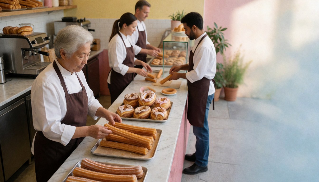 Aerial view of freshly made churros served on a table with cutlery, cups, and boxes on a sunny terrace, perfect for fast food websites