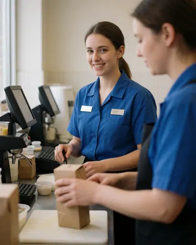 A friendly cashier in a blue uniform serves a customer at a fast food counter with a register and food items visible