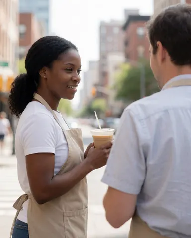 A smiling woman holds a cold plastic beverage while standing on an urban street, representing satisfied customer service in a fast food context.
